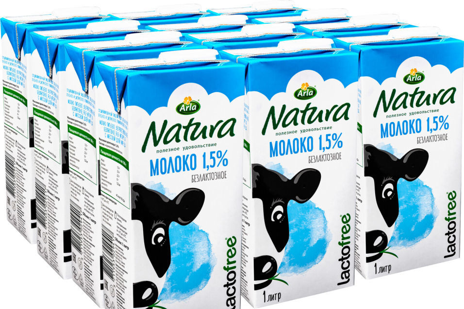 Молоко Arla Natura ультрапастеризованное безлактозное 1.5% 1л (упаковка 12 шт.)