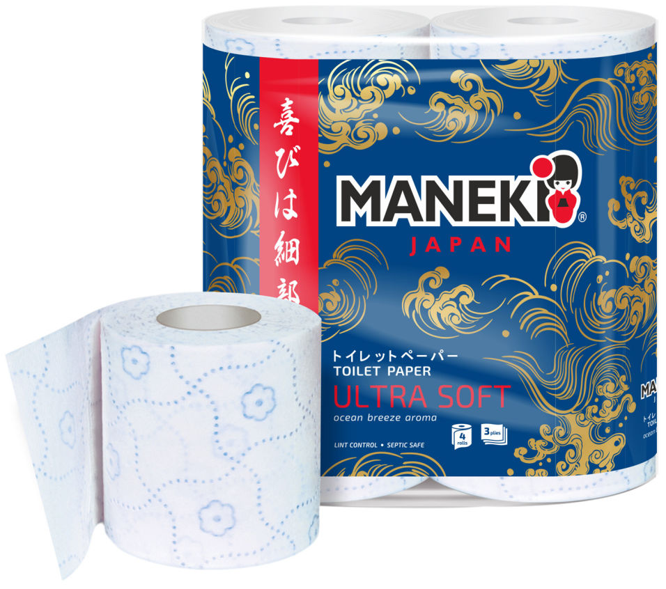 Бумага туалетная Maneki Ocean с ароматом бриза океана 4 рулона 3 слоя