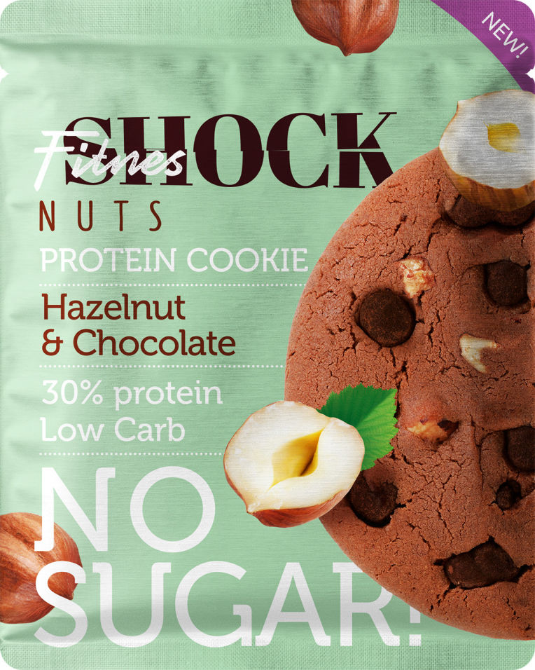 Печенье протеиновое FitnesShock Фундук и шоколад 40г (упаковка 6 шт.)
