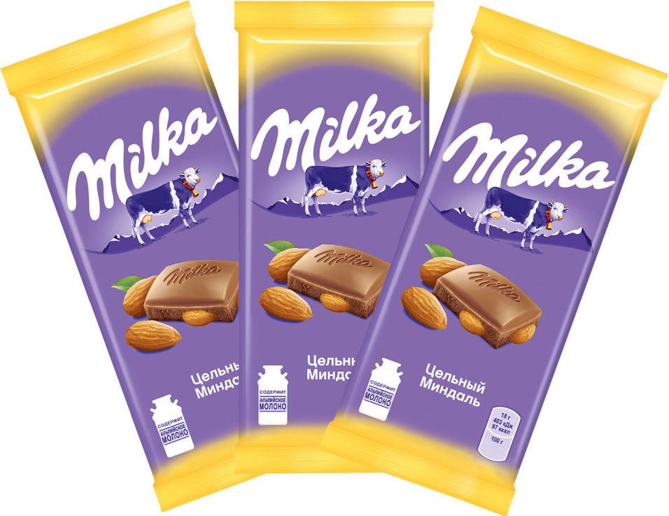 Шоколад Milka Молочный с цельным миндалем 85г (упаковка 3 шт.)