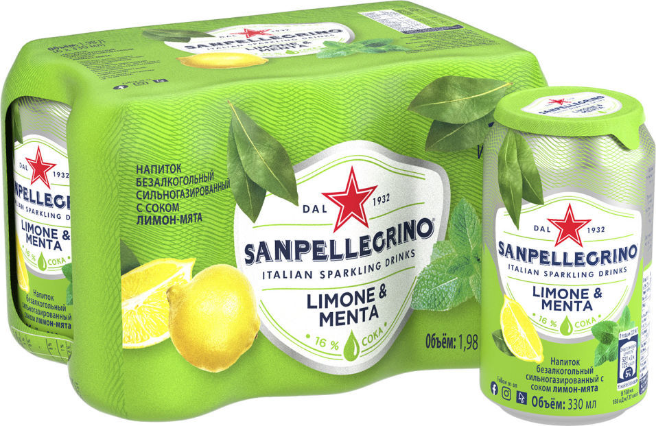 Напиток сокосодержащий Sanpellegrino Лимон-Мята 330мл (упаковка 6 шт.)