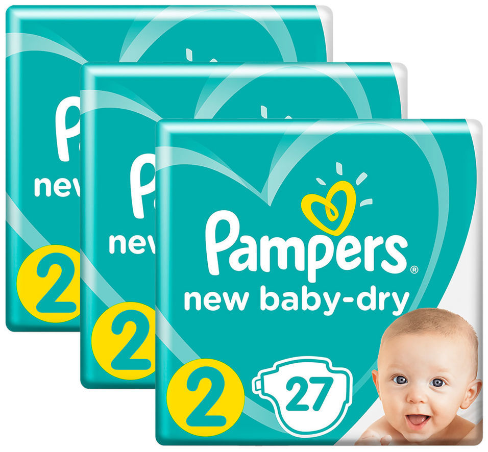 Подгузники Pampers New Baby-Dry 48кг Размер 2 27шт упаковка 3 шт 974₽
