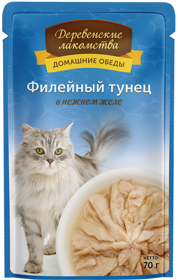 Корм для кошек Деревенские лакомства Филейный тунец в нежном желе 70г Корм для кошек Деревенские лакомства Филейный тунец в нежном желе 70г