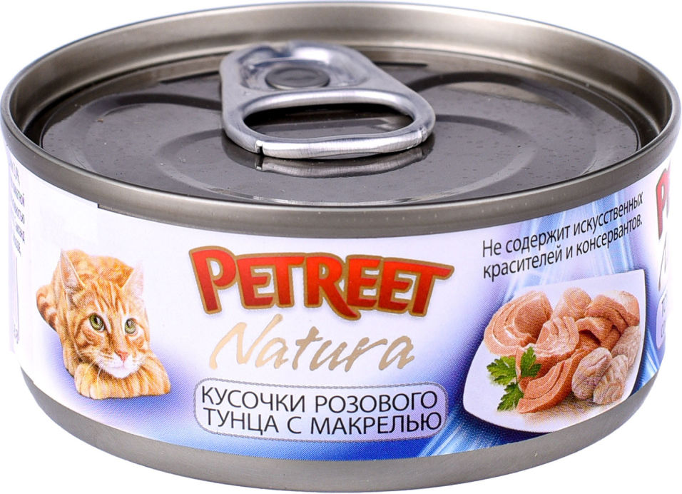 Корм для кошек Petreet консервы кусочки розового тунца с макрелью 70г Корм для кошек Petreet консервы кусочки розового тунца с макрелью 70г