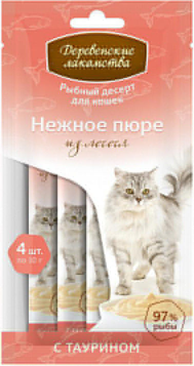 Лакомство для кошек Деревенские Лакомства Нежное пюре из лосося 4шт*10г Лакомство для кошек Деревенские Лакомства Нежное пюре из лосося 4шт*10г