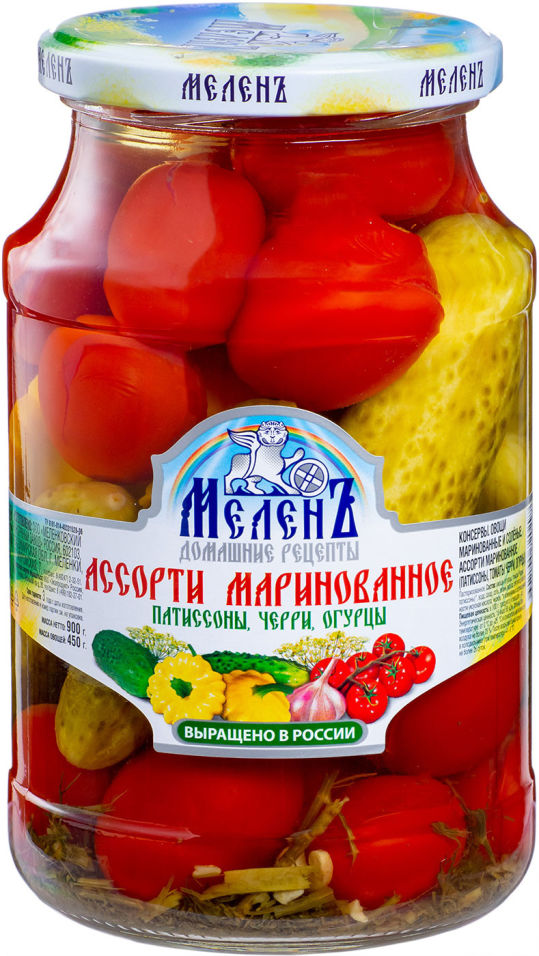 Ассорти овощное Меленъ Патиссоны черри огурцы 900г