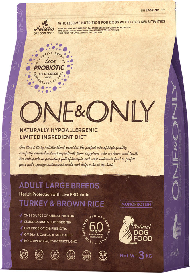 Сухой корм для собак One&Only Adult large индейка с рисом 3кг Сухой корм для собак One&Only Adult large индейка с рисом 3кг