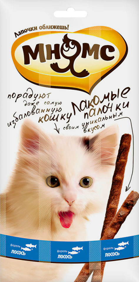 Лакомство для кошек Мнямс Лакомые палочки с лососем и форелью 13.5см 3шт*5г Лакомство для кошек Мнямс Лакомые палочки с лососем и форелью 13.5см 3шт*5г