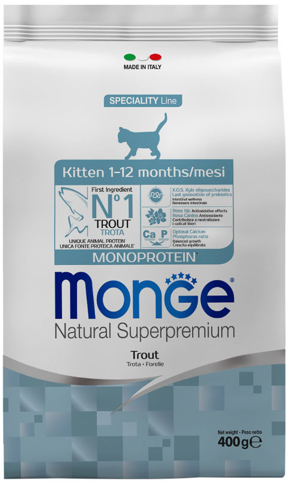 Сухой корм для котят Monge SL Kitten Monoprotein с форелью 400г 479₽