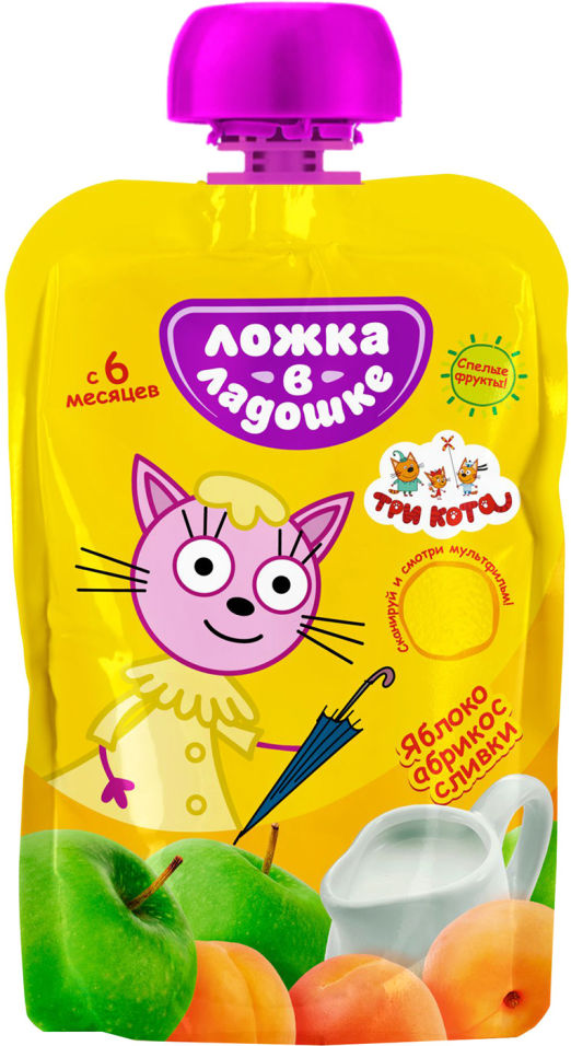 Пюре Ложка в ладошке Три кота Яблоко Абрикос и Сливки 90г